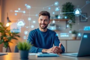 person confidently working with various AI interfaces, digital connections between different platforms.