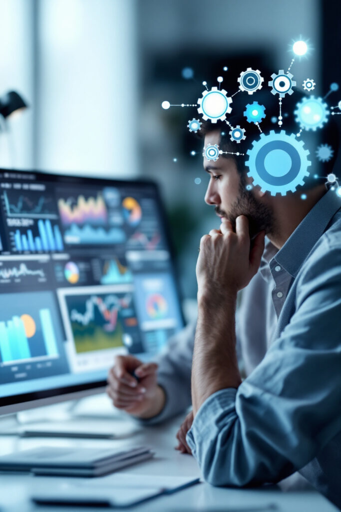 Critical thinking image of man looking at computer screen
