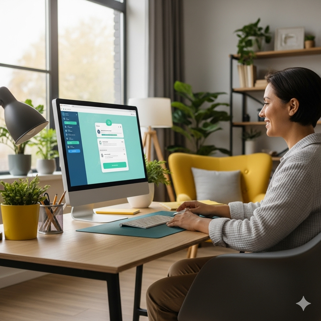 woman istting at desk, looking at computer screen using chatgpt